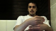 Self-sucking hunk masturbates and tastes his own cum