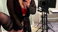 Mega breasted MILF blonde fingers her chubby cunt
