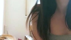 Small titted brunette teen fingering on the bed
