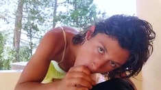 Dark haired amateur blowjob and handjob in fake taxi