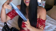 Amateur busty brunette masturbates and does hand job