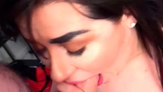 Brunette wife with big boobs gives blowjob