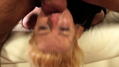 Amateur slut facialed in blowjob group and swallows